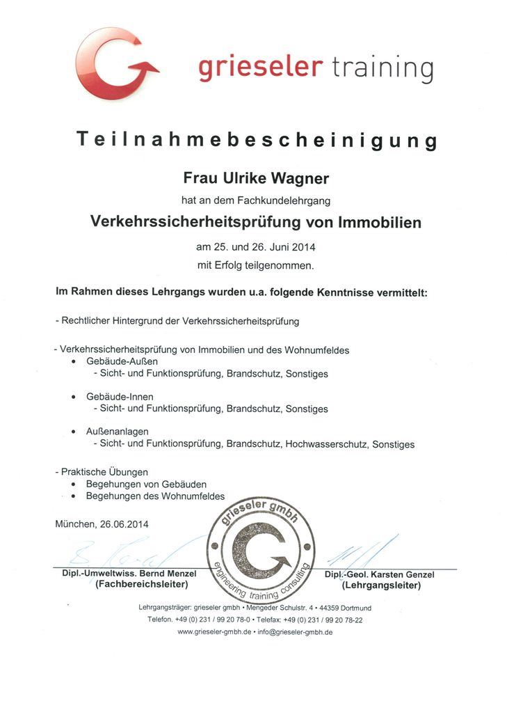 Wagner Hausverwaltung - Grieseler Training Lehrgang Verkehrssicherheit Immobilien UW 2014