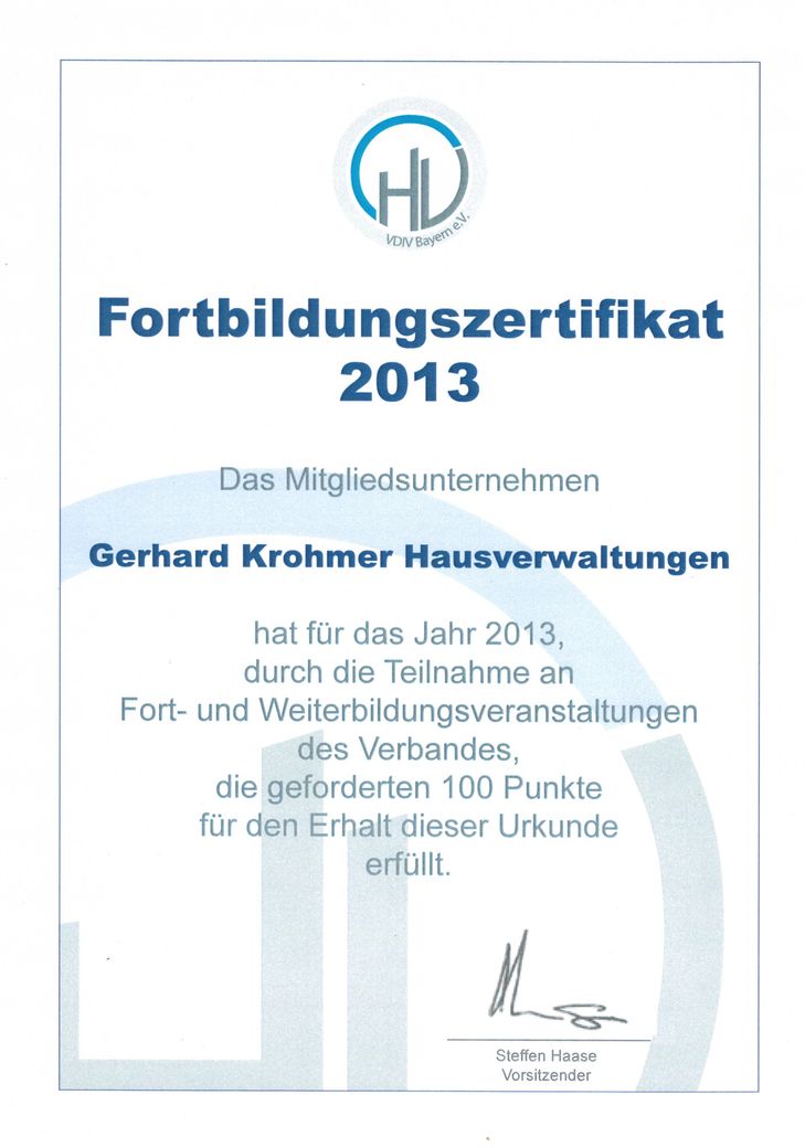 Wagner Hausverwaltung - VDIV Bayern Zertifikat 2013