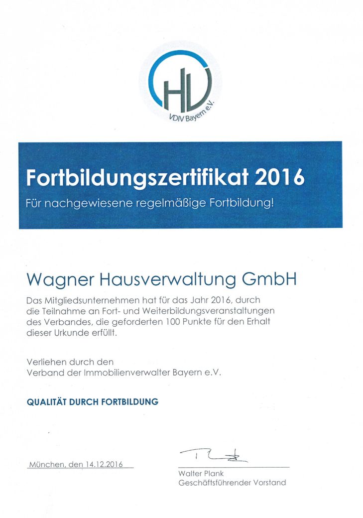Wagner Hausverwaltung - VDIV Bayern Zertifikat 2016