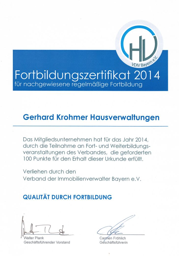 Wagner Hausverwaltung - VDIV Bayern Zertifikat 2014