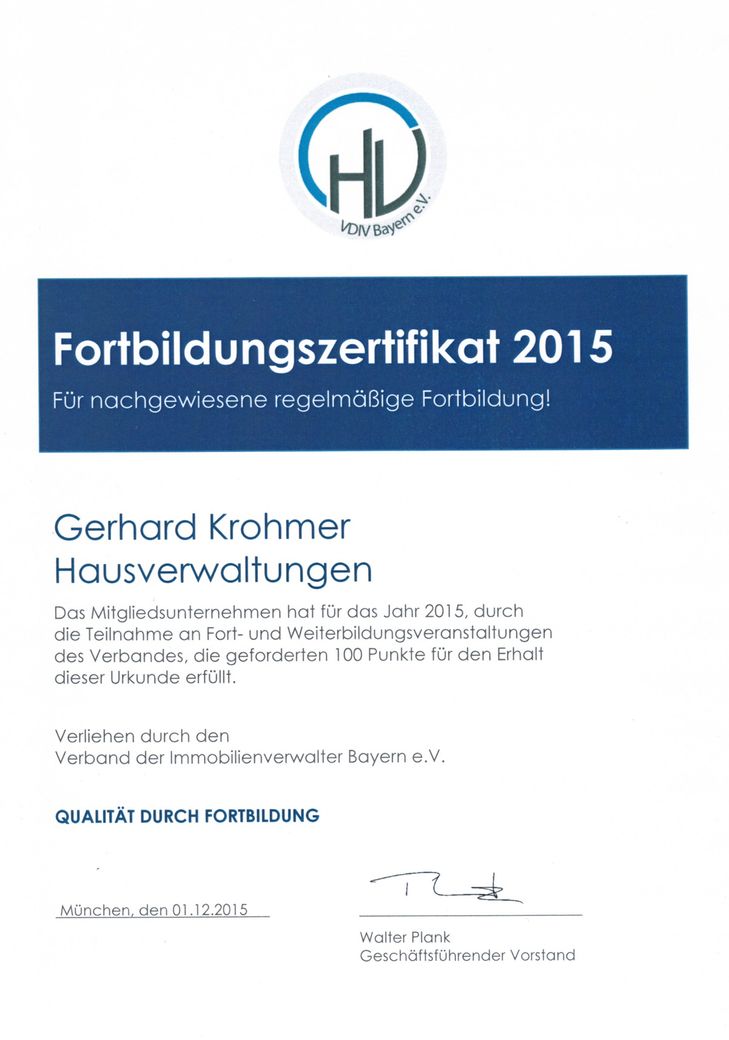 Wagner Hausverwaltung - VDIV Bayern Zertifikat 2015